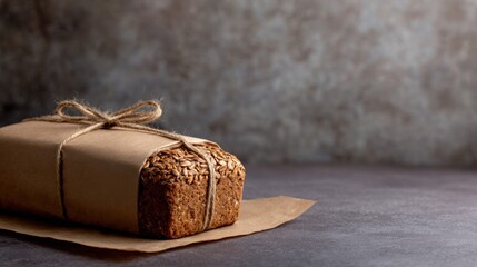 Freshly baked whole grain bread wrapped in rustic paper and twine, set against a textured background