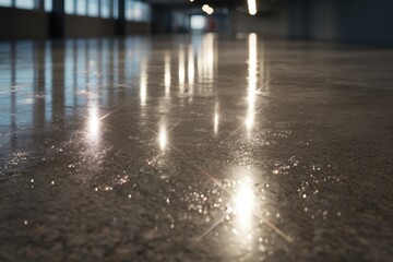 Shining Concrete Floor in Modern Architecture: A low-angle shot showcases a polished, reflective concrete floor with dazzling light reflections, in a contemporary interior.
