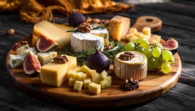 Cheese platter with grapes, figs, and walnuts