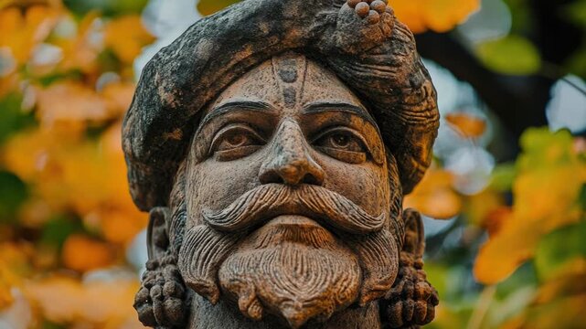 A statue of a man wearing a beard and a hat, perfect for use in historical or vintage-themed designs