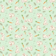 Cute Watercolor Bunny and Carrot Seamless Pattern on Pastel Green Background