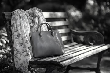 A black and white image captures a stylish handbag and floral scarf resting on a classic wooden park bench, evoking a sense of quiet solitude in nature.