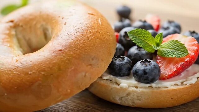 Fresh bagel cream cheese strawberry blueberry mint