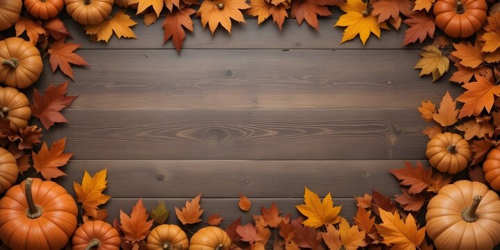 Autumn or Thanksgiving decor backdrop featuring pumpkins and autumn leaves. Space for text