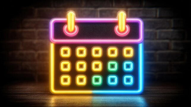 Neon calendar icon with glowing day blocks, appointment markers, and digital scheduling visuals for business planning and event coordination themes