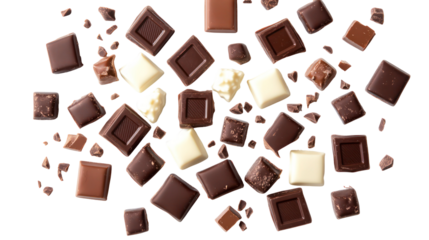 Assortment of delicious chocolate pieces scattered isolated on transparent background