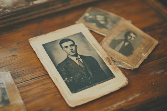 A faded vintage portrait photograph on a wooden desk