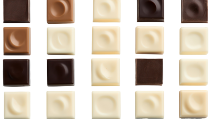 Assortment of chocolate squares isolated on transparent background