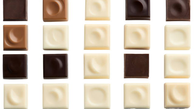 Assortment of chocolate squares isolated on transparent background
