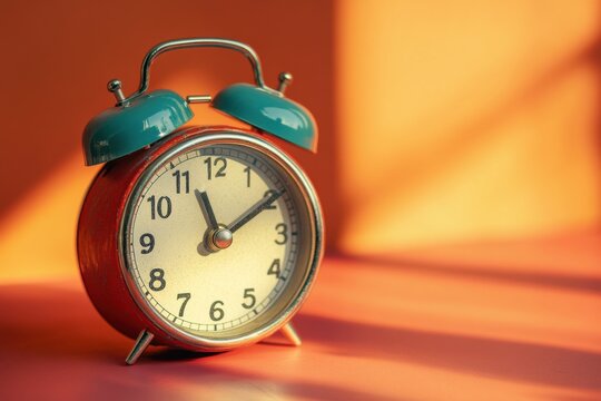 A red and teal vintage alarm clock showing the time - Powered by Adobe