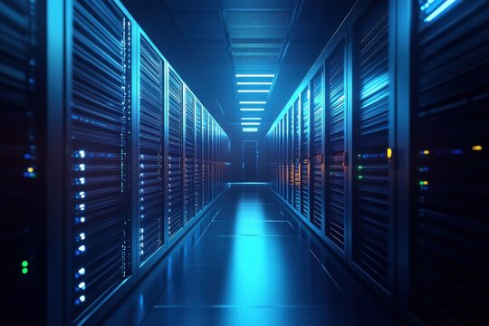 A server room with glowing lights in a modern data center