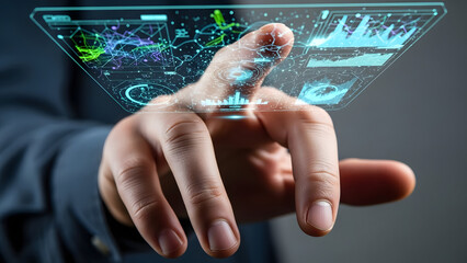 Hand interacting with futuristic holographic data display