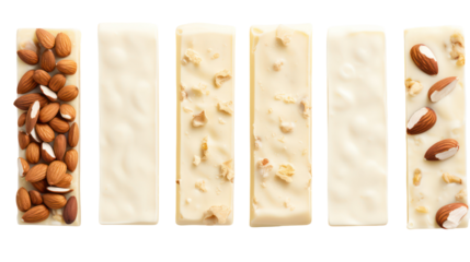 Six different nougat bars with nuts and plain flavors isolated on transparent background