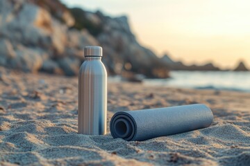 Stainless steel water bottle and rolled yoga mat on a sandy beach at sunset, ready for a serene outdoor wellness session.