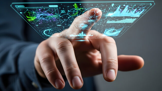 Hand interacting with futuristic holographic data display