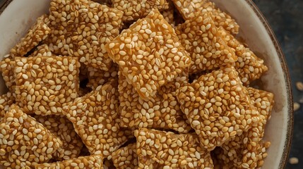 Close-up of crispy sesame chikki squares made with toasted sesame seeds and jaggery. The golden, textured surface highlights this traditional Indian sweet snack.
