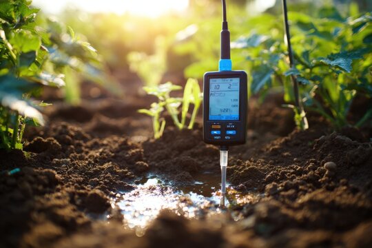 Close up of a pH meter sensor measuring soil in the garden
