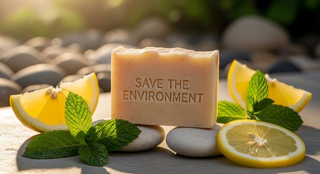 Soap bar with message of saving the environment outdoors
