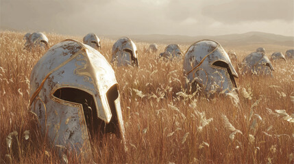 Field of Lost Glory Ancient Greek Helmets in Golden Wheat