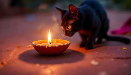 Fototapeta premium A cat curiously sniffing a lit Diya placed on the floor, cautious and playful