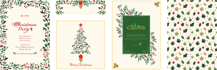 Elegant Botanical Christmas Card and Invitation Templates Set