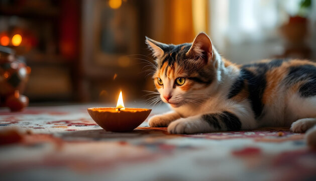 A cat curiously sniffing a lit Diya placed on the floor, cautious and playful