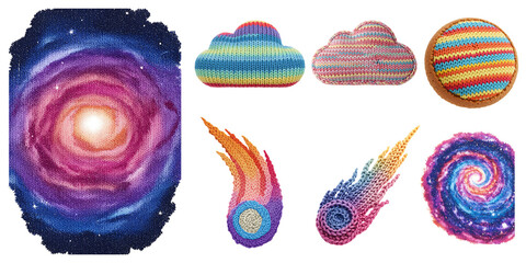 Cosmic collage of galaxy nebula comets clouds and egg shapes