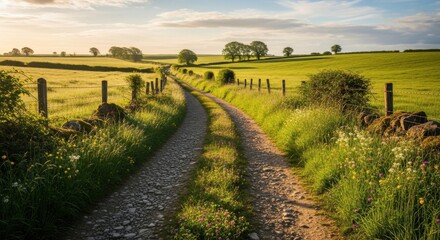 Obraz premium Peaceful Countryside Road Between Green Fields 