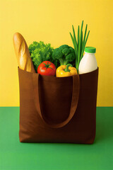 Paper bag with fresh vegetable on green background