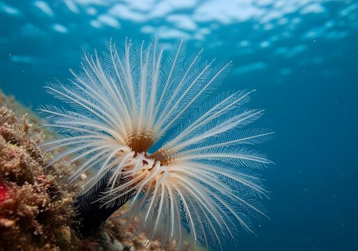 Feather Duster Worm (Sabellastarte) with white feathery tentacles on coral reef underwater, displaying its delicate filter-feeding crown in clear blue water.