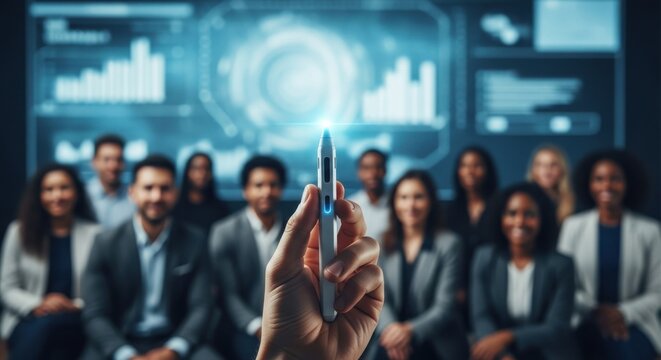 Hand holding stylus pointing at futuristic digital business display