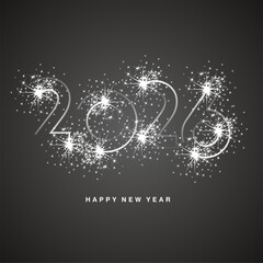 Modern neon light design for New Year 2026 with white lines and sparkling fireworks. Sprinkler path in the shape of a 2026 logo, black background, greeting card