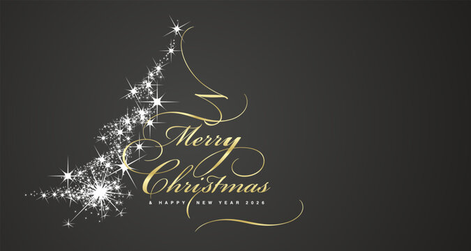 Merry Christmas and Happy New Year 2026 golden white light script calligraphy typography with glitter sparkle stardust in shape of Christmas tree black background greeting card