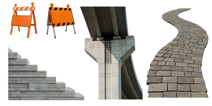 Construction site elements including safety barriers concrete stairs metal pole and cobblestone path