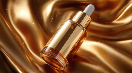 Luxury gold metallic serum dropper bottle with glossy reflective surface on smooth golden fabric background