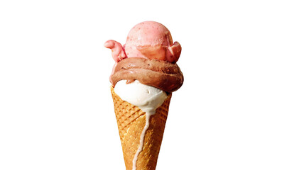 Strawberry ice cream scoops with cone isolated on transparent background
