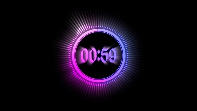 Digital timer displaying 1 minute with a glowing purple and pink circular progress bar and radiating light effects on a black background
