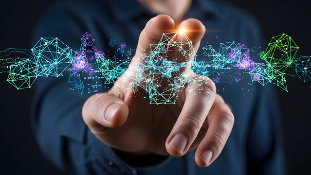 Person interacting with futuristic digital network overlay