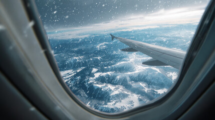 Fototapeta premium Snowy mountain landscape viewed from airplane window with wing visible and snowflakes falling outside