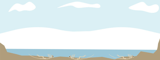 An illustration of fossilized skeletons of ancient reptiles lying in layers of sedimentary rock near a body of water.
