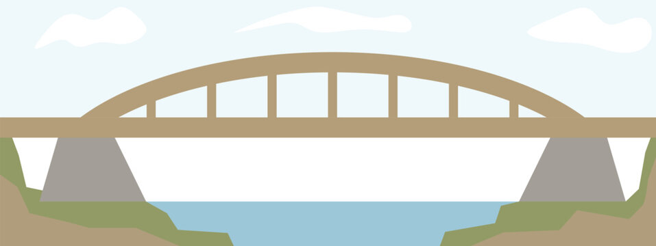 A minimalist illustration of an arched bridge over a river connecting two banks
