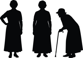 Elderly Woman Silhouettes in Varied Postures – Aging, Mobility, and Grace Depicted Through Minimalist Black Figure Illustrations
