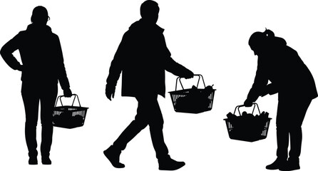Shopping Silhouettes with Baskets – Everyday Consumer Actions Depicted in Minimalist Black Figures Showing Posture, Movement, and Interaction