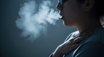 Woman exhaling white vapor cloud, health, breathing, respiratory issue