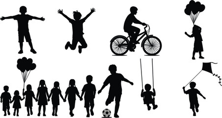 Children Silhouettes in Joyful Outdoor Play – Dynamic Black Figures Depicting Friendship, Movement, and Classic Childhood Activities