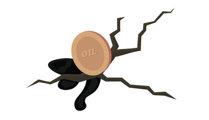 An oil coin causing cracks in the ground, symbolizing the crisis and environmental problems