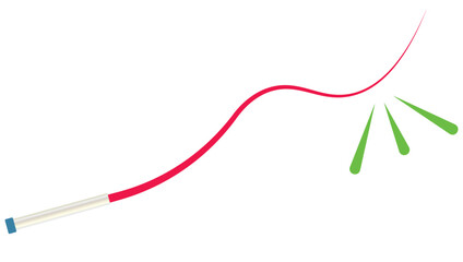 Dynamic Red Cable Arcing Across White Background with Green Spark Bursts and Blue End