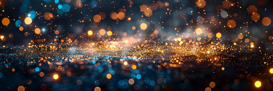Panoramic view of abstract golden and blue bokeh lights on a dark background - Powered by Adobe