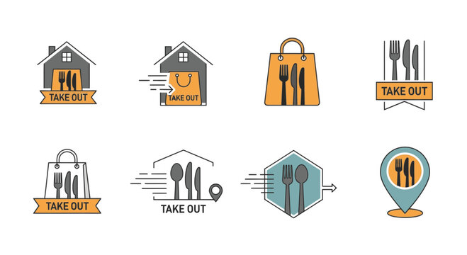 Convenient take out icons perfect for restaurant marketing, simple designs showcase food delivery and dining at home services, order now for easy meals