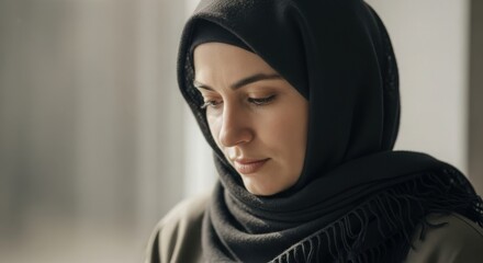 Portrait of pensive young muslim woman in black hijab indoors